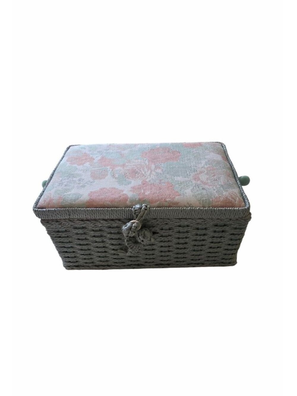 VTG Tapestry Wicker Woven Sewing Box Basket Pin Cushion Pastel Pink Green